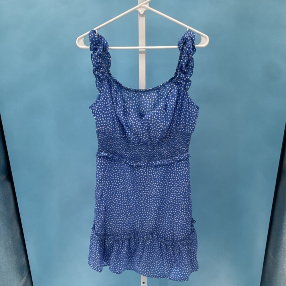 Women's Blue/White Ruffle Scoop Neck Short Sundress Polka Dot Sleeveless Large